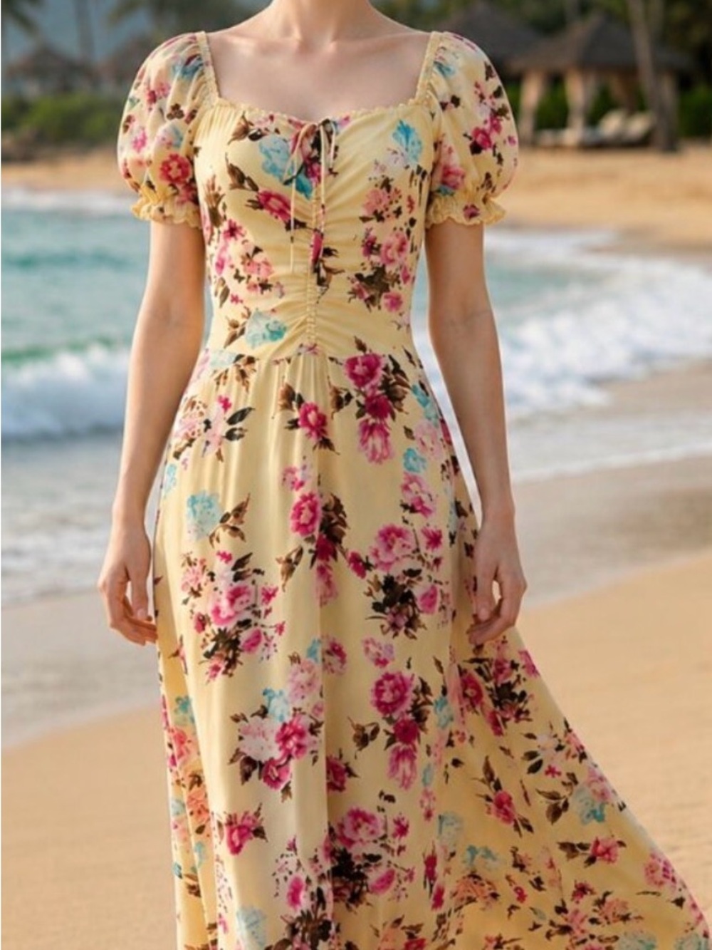 Anthropologie Yellow Floral Puff-Sleeve Maxi Dress